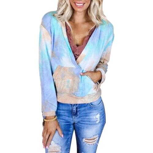 Women New Fashion Tie Dye Hoodies Sexy Lace V-neck Pocket Long Sleeve Sweatshirt Elegant Puls Size Pullovers Tops Female Autumn