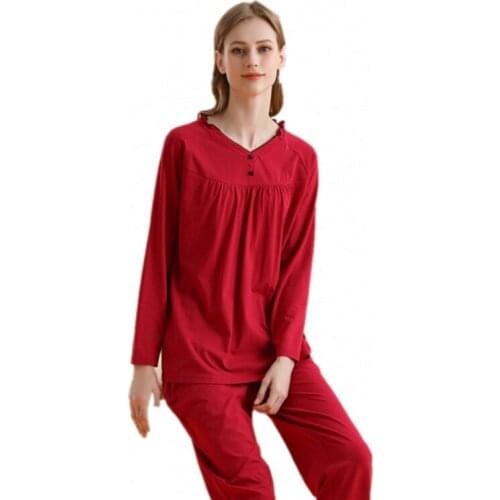 2021 Spring Autumn Women Sweety Cute Pajama sets Female Modal Cotton Sleepwear suit Women V-neck collar t shirt & Pants M-XXL