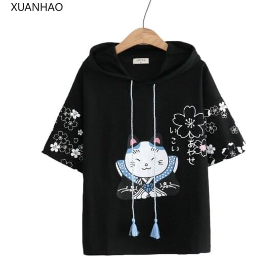 XUANHAO Kawaii Sweet Harakuju Hoodies Short Sleeve Hooded Cat Cotton Sweatshirt Women Floral Printed Top Summer Cute Pullovers