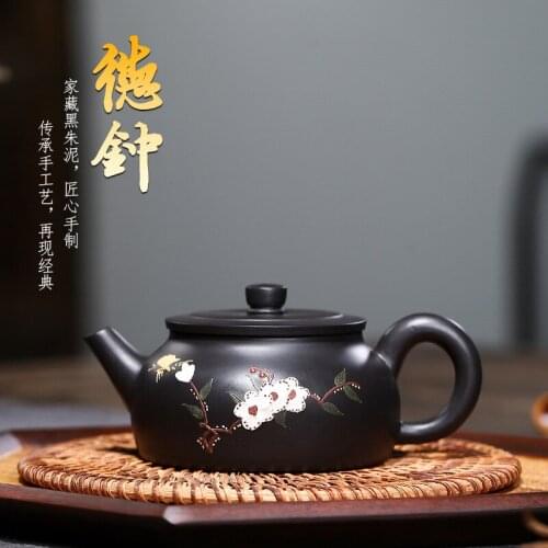 Yixing purple clay pot semi hand painted black vermilion clay sketch