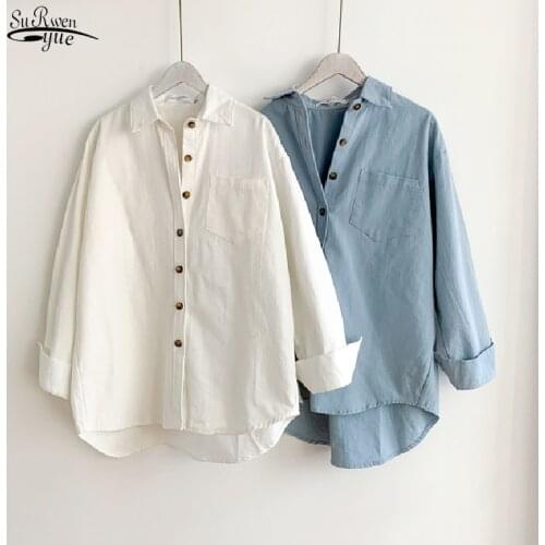 Long Sleeve Office Lady Button Shirts Autumn Womens Shirt Cotton White Tops Turn-down Collar Casual Loose Blouses Woman 16308