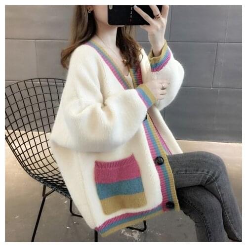 Woman Sweaters Sweater Coat Womens Color Matching Sweater Cardigan Loose Femme Chandails Pull Hiver