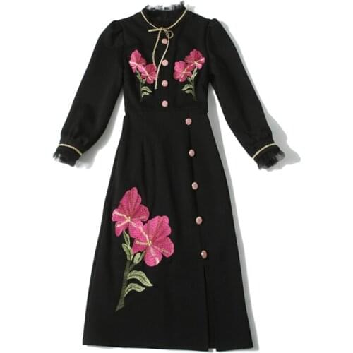 2020 New Spring Autumn Women Dress High Quality Mesh Ruffled Neck Flowers Embroidery Split Hem Elegant Black Slim Dress