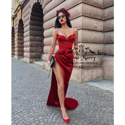 Burgundy Women Mermaid Evening Dresses High Side Split Long Satin Simple Cheap Formal Vestido De Festa Largos Prom Party Gowns
