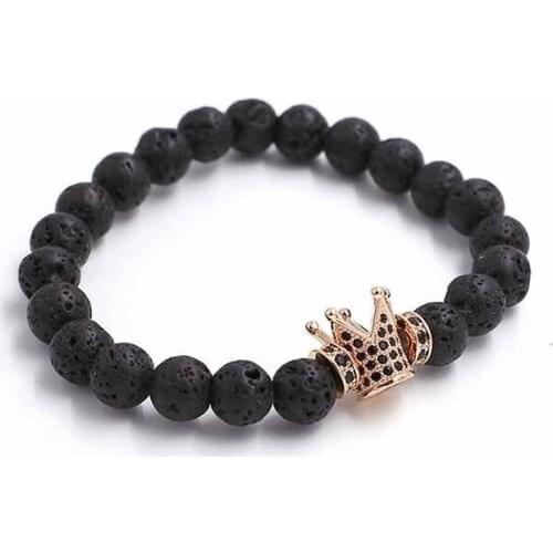 10 pieces/lot) Rose Gold Pave Setting Black Cubic Zirconia Crown Beads & 4mm Round Lava Beads Braided Anil Arjandas Bracelets