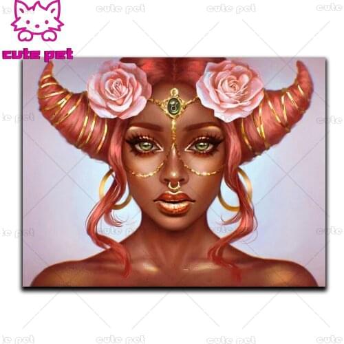 DIY Diamond Painting Redhead girl with horns Embroidery Drawing Needlework Gift Full Diamond Mosaic Cross stitch Decor puzzle 5D