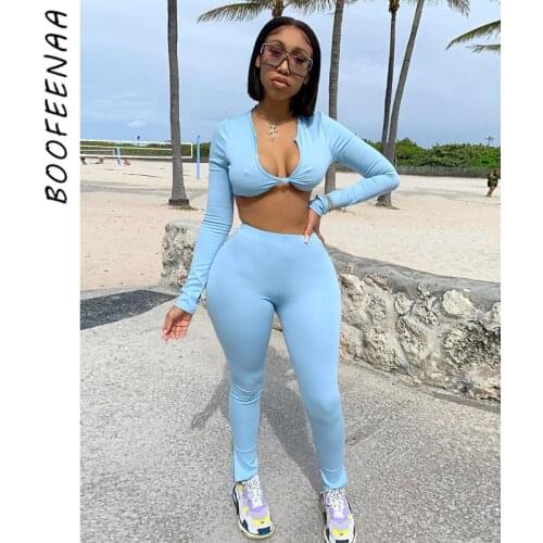 BOOFEENAA 2020 Fall Sporty Sexy 2 Piece Set Women V Neck Long Sleeve Crop Tops and Pants Tracksuits Casual Outfits C16-CI31