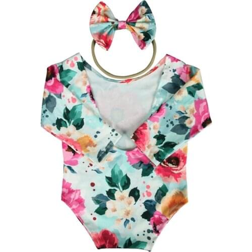 D0AF Newborn Photography Props Baby Floral Hollow Open Back Romper Headband Set Infants Photo Shooting Outfits Clothes