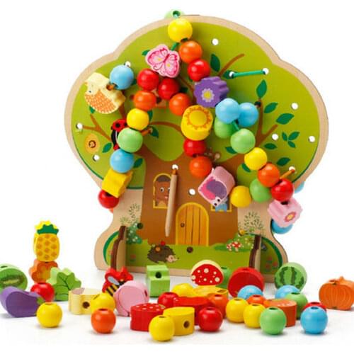 Cartoons Beads Wearing Rope Game Childrens Large Wood Beads Educational Lacing Animal/Fruit Block Montessori Kids Wooden Toys