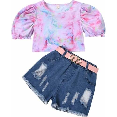 Kids Girls Set Baby Girls Summer Tie-dye puff sleeve pullover Denim Shorts Short Sleeve Childrens Fashion 2-Piece Outfit Set