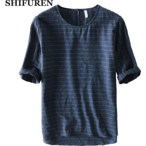 SHIFUREN Summer Solid Linen Cotton T Shirts Men Short Sleeve O-Neck Breathable Striped Male Tee Shirts Chinese Style Size M-XXXL