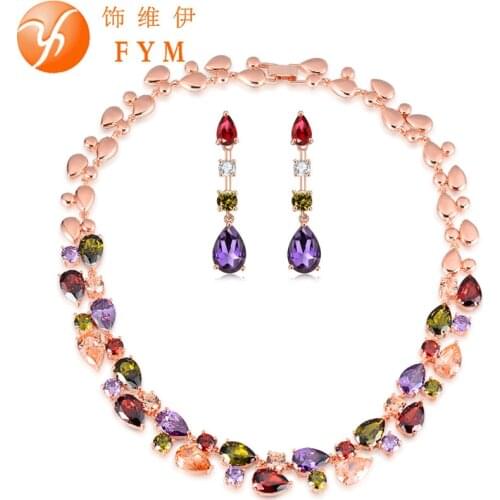 FYM Mona Lisa Luxury Colorful Cubic Zircon Necklace Drop Earrings Rose Gold Color Jewelry Sets For Women Bridal Wedding Party