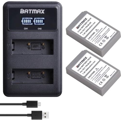 2Pc PS-BLS5 BLS50 Battery + LED USB Dual Charger for Olympus PEN E-PL2,E-PL5,E-PL7,E-PM2,OM-D E-M10,E-M10 II, Stylus1 L15
