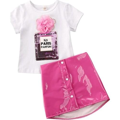 1-5Y Toddler Baby Kid Girls Clothes Set Sequins Flower Letter T shirt + Pink Color Pu Leather Skirts Fashion Children Costumes