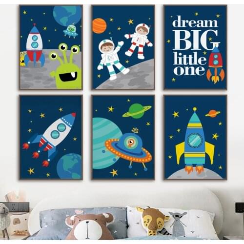 Space Astronaut Rocket Planet UFO Alien Wall Art Print Canvas Painting Dream Big Poster Wall Pictures Baby Kids Room Home Decor