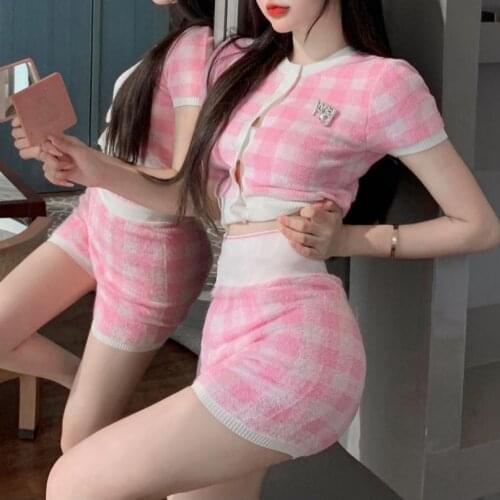 Two Piecec Suit Chic Plaid Knitting Cardigan Short Pants Korean Ice Silk Temperament Round Collar Jacket Package Hip Thin Slim