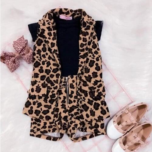 Emmababy Summer 2021 Toddler Baby Girl 3PCS Clothes Outfit Sleeveless Leopard Shirt+Tops T-Shirt+Short Pants Set