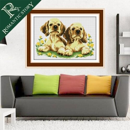 Romantic Story Twin Cute Dogs Needlework Cross Stitch Kits DMC Stylish for Embroidery Patterns 11CT DIY Handmade Cross-Stitch