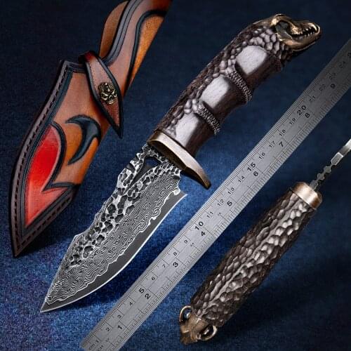 VG10 Damasus Fixed Balde Hunting Knife with Handmade Leather Sheath Ebony Handle EDC Tactical Outdoor Activities Camping Tools