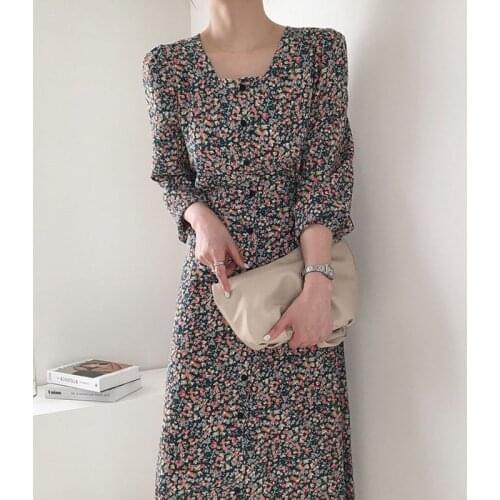 Fall 2021 Korean Fashion WomenS Dress One-Piece Elegant Square-Neck Long-Sleeved Floral Print Dress Office Ladies Casual Dress