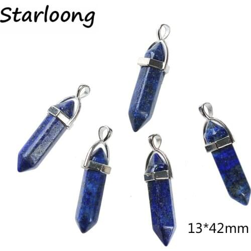 1pc Luminous Stone Fluorescent Hexagonal Natural Lapis Amethysts Crystal Pillar Column Gem Stone Pendant for DIY Necklace Making