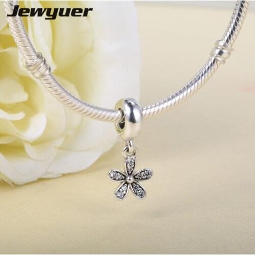 Spring collection Silver Daisy Dangle flower Charms 925 Sterling Silver Fit Charm bead Bracelet necklace DIY fine jewelry DA122