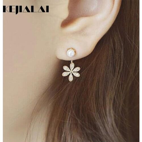 KEJIALAI Simple Cute Flower Crystal Metal Simulated Pearl Earrings Flower Simple Fashion Jewelry For Women Girls Drop Earrings