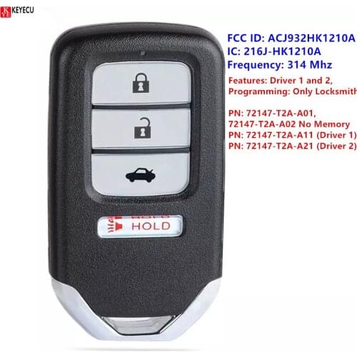 KEYECU 72147-T2A-A01/A02/A11/A21 Smart Key Remote FOB PROX 4 Button 314MHZ Replacement for Honda Accord Civic FCC: ACJ932HK1210A