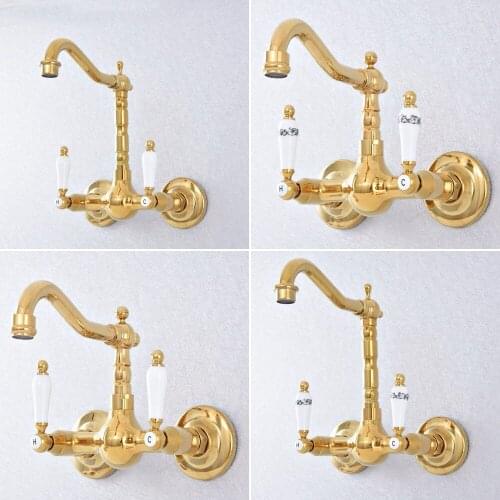 Luxury Gold Color Brass Wall Mounted Bathroom Kitchen Sink Faucet Swivel Spout Mixer Tap Dual Ceramics Handles Levers msf613