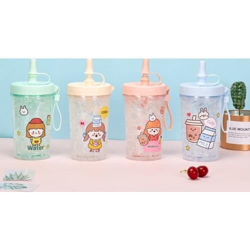 Cute Cartoon Double Transparent Straw Water Cup Summer Cold Drink Ice Cup Coffee Cup Plastic Cup Fashion