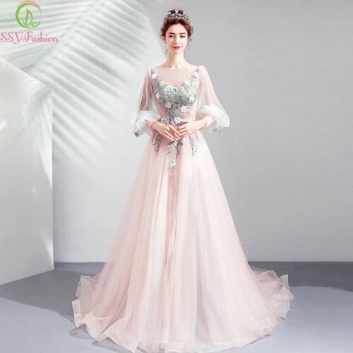 SSYFashion New Sweet Pink Evening Dress Lace Appliques Sweep Train 3/4 Sleeve Formal Prom Gowns Robe De Soiree
