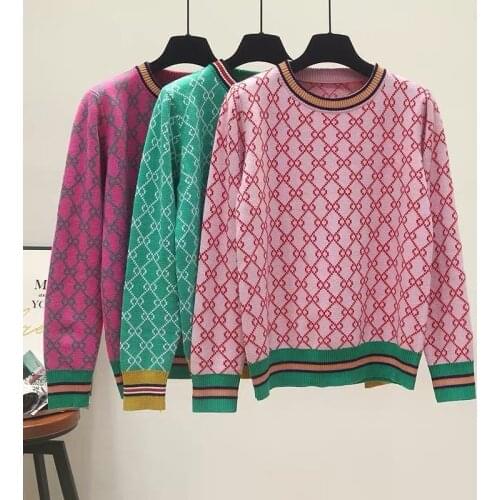 HGTE Autumn And Winter New Loose Knit Sweater Korean Style Pullover Round Neck Geometric Clash Jacquard Casual Sweater Jumper