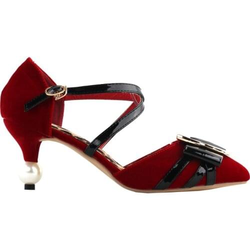 SHOW STORY Retro Black Red Two Tone Bow Pointed Toe Exquisite Pearl Heel Dress Pump