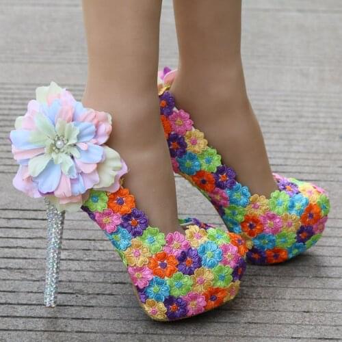 Crystal Queen Handmade Women Wedding Shoes Round Colorful Lace Flowers High Heel Elegant Bridal Dress Shoes Prom Pumps