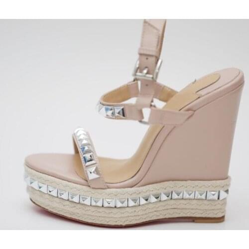 Carpaton Hot Selling Rivets Studded Platform Wedge Sandals Sexy Open Toe Buckle Strap Woman Shoes Summer Party Dress Heels