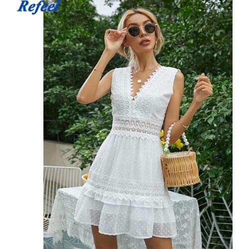 Sexy V-neck White Stitching Mini Dress Casual Sleeveless Lace Summer Women Beach Dress Backless Embroidered A-line Cotton Dress