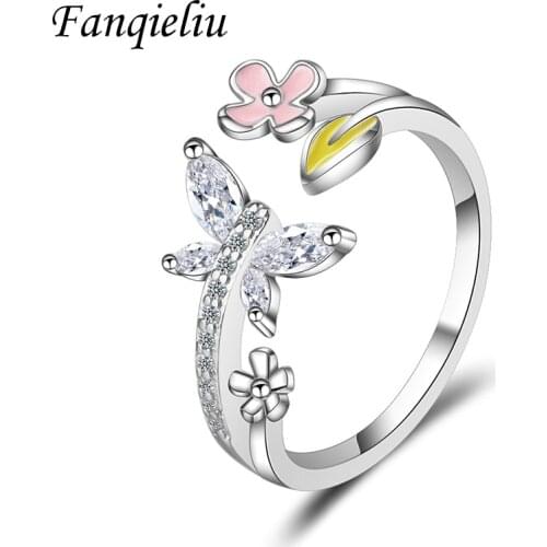 Fanqieliu Butterfly Flower Open Crystal Jewelry Wedding Bands Vintage Solid 925 Sterling Silver Ring For Women FQL20107