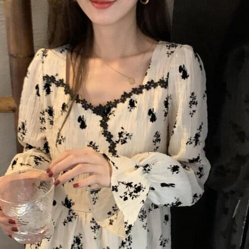 Floral Dress Women Casual Vintage V-Neck Three Quarter French Slim Party Midi Dress Elegant One-piece Dress Korean 2020 Autumn