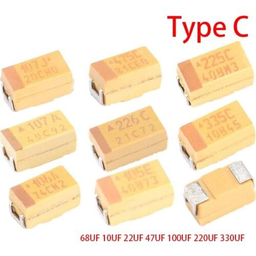 10pcs Type C 68UF 10UF 22UF 47UF 100UF 220UF 330UF Tantalum Capacitor 10V 4V 6.3V 16V 25V 35V 107 226 686 106 337 227 476