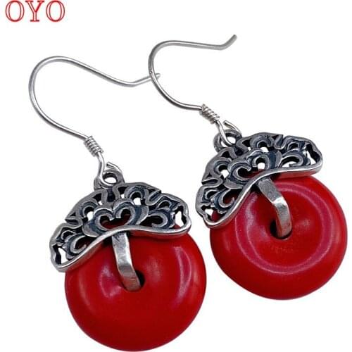 100% 925 sterling silver red earrings female classic exaggerated personality simple retro round earrings