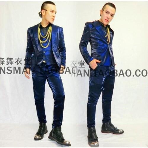 2020 fashion nightclub male singer DJ Europe and America catwalk GD blue silk satin studio photo costumes