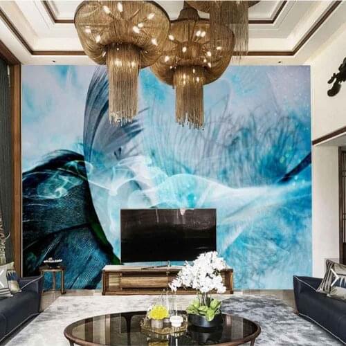 3D Abstract Feather Blue Colorful Animal Feather Mural for Sofa TV Background Wall Paper Rolls Print Photo Wallpaper Custom