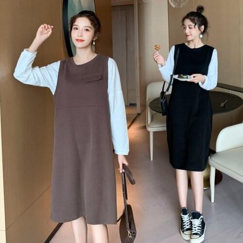 8308# Maternity Clothes O Neck Spring Autumn Cotton Long Sleeves Loose Stylish Two Pieces Dress Pregnant Women Mom Dress