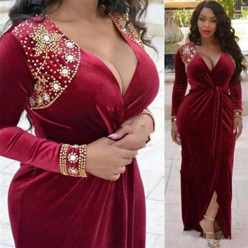 Velvet Deep V Neck Prom Dresses Long Sleeves Dark Red Beaded Evening Gowns Saudi Arabia Ruffles Women Formal Party Dress Plus Si