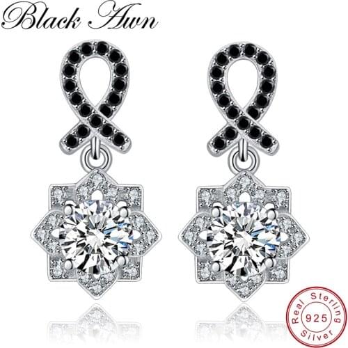 [BLACK AWN] 3g 925 Sterling Silver Fine Jewelry Trendy Flower Engagement Earrings for Women Black Spinel Female Earrings T157