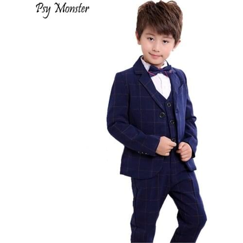 School Boys Plaid Wedding Blazer Suit Brand Flower Boys Formal Tuxedos Suit Kids Clothing Set enfant garcon mariage Clothes F80