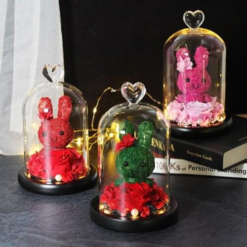 HOT Valentines Day Gift Teddy Bear Rose Beauty And The Beast Rabbit Flower Decor In A Glass Dome For Wedding with Led Mother Day