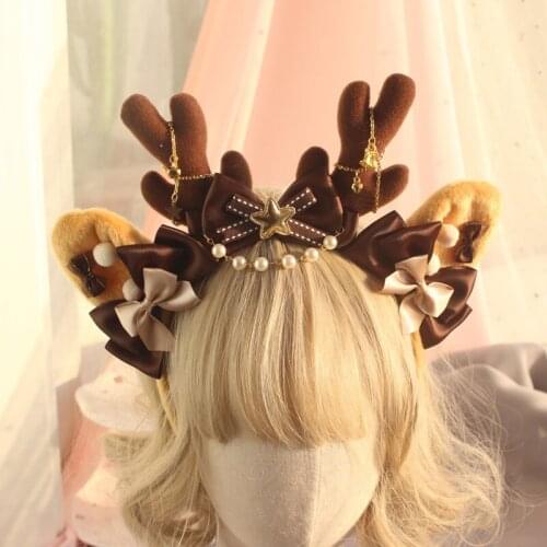 Lolita Party Hair Ornament Cute Bow Headdress Side Clip Christmas Handmade Antler Gorgeous Soft Girl KC Headband Hairpin Retro