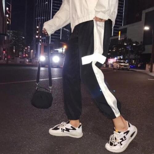 Men Reflective Side Stripe Waist Drawstring Hip Hop Beam Pants Sports Trousers