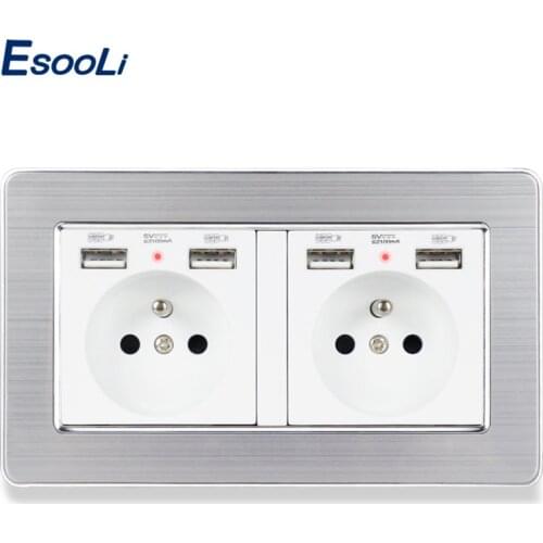 Esooli 2 Gang French Standard Wall Socket Stainless Steel Panel With 4 USB Charge Port Hidden Soft LED Indicator